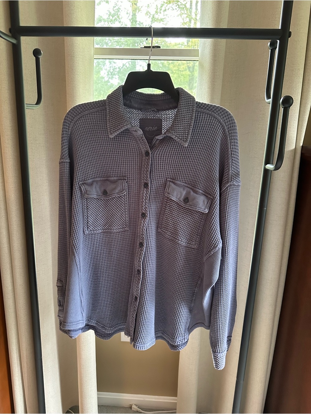 Aerie Blue Waffle Knit Button-Down Shirt Jacket